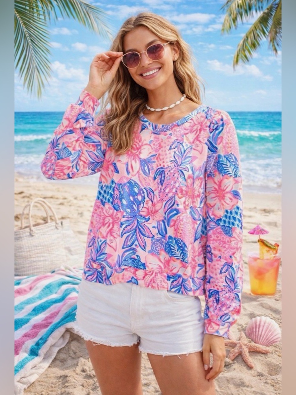 Lilly Pulitzer Pink & Blue Floral Long-Sleeve Pullover Jansen size M